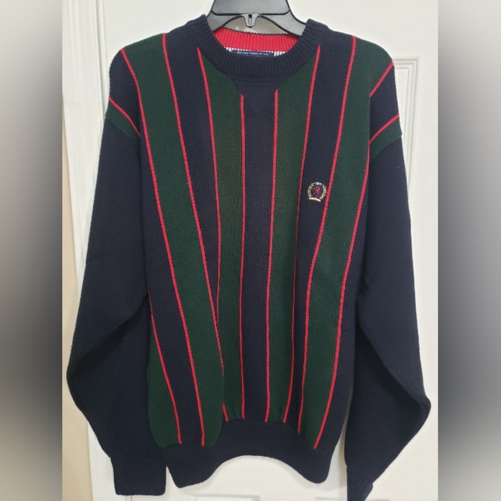 Tommy Hilfiger Navy and Green Striped Crewneck Sweater